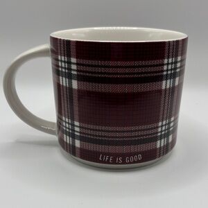 Life Is Good Burgundy, Black and White Plaid Mug